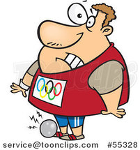 Cartoon Olympic Track and Field Shotput Athlete Guy Dropping the Ball on His Foot by Toonaday