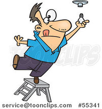 Cartoon Guy Standing on the Top of a Ladder and Installing a Light Bulb by Toonaday