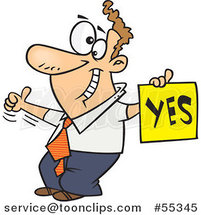 Cartoon Displeased Guy with a Thumb up Holding a YES Sign by Toonaday