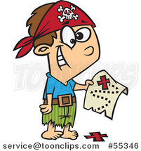 Cartoon Pirate Boy Holding a Map over the X on the Ground by Toonaday
