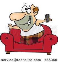 Cartoon Couch Surfer Guy Standing on His Sofa with a TV Remote Control by Toonaday
