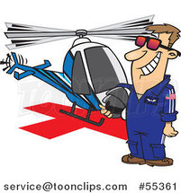Cartoon Proud Helicopter Pilot Guy Standing by His Chopper by Toonaday