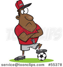 Cartoon Black Coach Guy Resting a Foot on a Soccer Ball by Toonaday