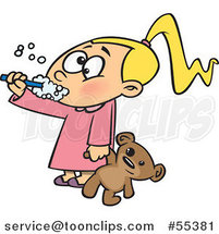 Cartoon Girl Holding Her Teddy Bear and Brushing Her Teeth Before Bedtime by Toonaday