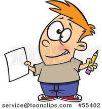 Cartoon Happy Boy Holding a Sheet of Paper and a Pencil by Toonaday