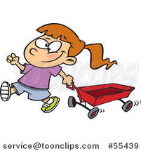 Cartoon Happy Girl Pulling a Red Wagon by Toonaday