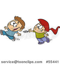 Cartoon Girl Chasing a Boy to Tickle Him with a Feather by Toonaday