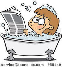 Cartoon Happy Girl Reading the Newspaper in a Bath Tub by Toonaday