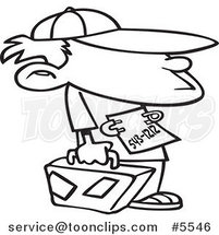 Cartoon Black and White Line Drawing of a Runaway Boy with Luggage by Toonaday