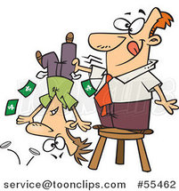 Cartoon Guy Standing on a Stool and Shaking Money from a Guys Pockets by Toonaday