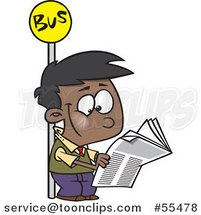 Cartoon Happy Black Boy Reading a Newspaper at a Bus Stop by Toonaday