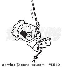 Cartoon Black and White Line Drawing of a Summer Boy on a Rope Swing by Toonaday