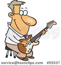 Cartoon Happy Guy Playing a Guitar on a Stool by Toonaday