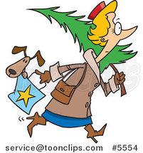 Cartoon Lady Carrying a Dog in Her Purse and a Christmas Tree by Toonaday