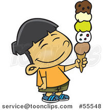 Happy Asian Boy Holding a 5 Scoop Waffle Ice Cream Cone Cartoon by Toonaday