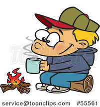 Cartoon Happy Blond Boy with Hot Cocoa by a Camp Fire by Toonaday