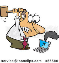 Cartoon Angry White Business Man Whacking a Broken Laptop with a Mallet by Toonaday