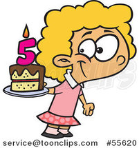 Cartoon Happy White Girl Holding Her Fifth Birthday Cake by Toonaday