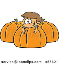 Cartoon Happy White Boy Resting on a Large Pumpkin by Toonaday