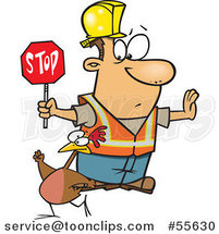 Cartoon Road Construction Worker Watching a Chicken Cross the Road by Toonaday