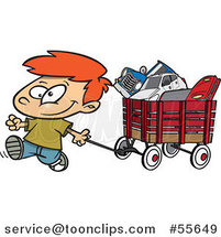 Cartoon Happy Little Boy Pulling a Wagon Full of Toys by Toonaday