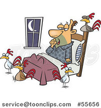 Cartoon Tired Guy with Chickens Around His Bed by Toonaday