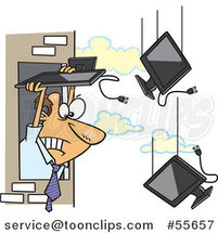 Cartoon White Business Man Throwing Old Monitors out an Office Window by Toonaday