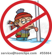 Cartoon Boy with His Tongue Stuck Frozen to a Pole with a Prohibited Symbol by Toonaday