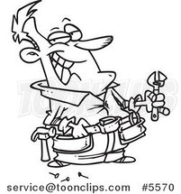 Cartoon Black and White Line Drawing of a Repair Guy Holding a Wrench by Toonaday