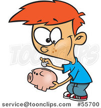 Cartoon Red Haired Boy Putting a Coin in His Piggy Bank by Toonaday