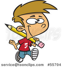 Cartoon White School Boy Hauling a Giant Pencil on His Shoulder by Toonaday