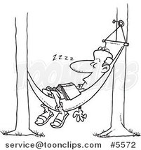 Cartoon Black and White Line Drawing of a Guy Snoozing in a Hammock by Toonaday