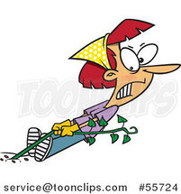 Cartoon Red Haired Lady Trying to Pull a Stubborn Nasty Weed by Toonaday