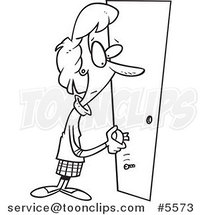 Cartoon Black and White Line Drawing of a Lady Holding a Broken Door Handle by Toonaday