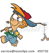 Cartoon White Country Boy Carrying a Worm on a Stick and a Frog in His Pocket by Toonaday
