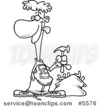 Cartoon Black and White Line Drawing of a Young Guy with a Bag of Hammers by Toonaday
