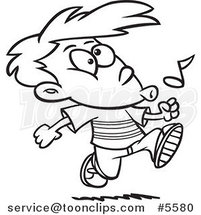 Cartoon Black and White Line Drawing of a Boy Walking and Whistling by Toonaday