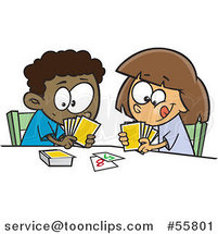 Cartoon Black Boy and White Girl Playing a Go Fish Card Game by Toonaday