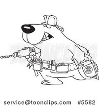 Cartoon Black and White Line Drawing of a Handy Bear with Tools by Toonaday