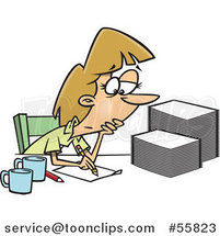 Cartoon Tired White Lady Grading or Marking Papers by Toonaday