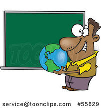 Cartoon Black Teacher Holding a Globe by a Chalkboard by Toonaday