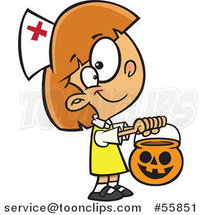 Cartoon White Girl Trick or Treating in a Nurse Halloween Costume by Toonaday