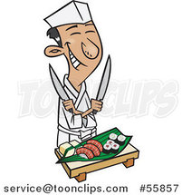 Cartoon Happy Japanese Chef Holding Knives over Sushi by Toonaday
