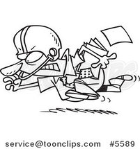 Cartoon Black and White Line Drawing of a Business Man Running with a File and Wearing a Helmet by Toonaday