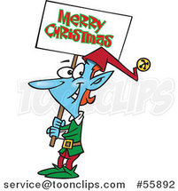Cartoon Blue Elf Carrying a Merry Christmas Sign by Toonaday