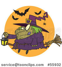 Cartoon Fat Halloween Witch Holding a Lantern on a Broomstick by Toonaday