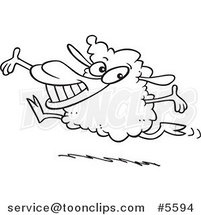 Cartoon Black and White Line Drawing of a Happy Lamb Leaping by Toonaday