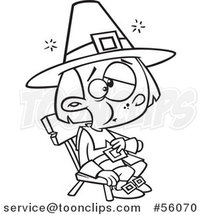 Cartoon Outline Stuffed Pilgrim Boy Sitting and Rubbing His Tummy by Toonaday