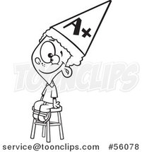 Cartoon Outline Smart Boy Wearing an Anti Dunce Hat and Sitting on a Stool by Toonaday