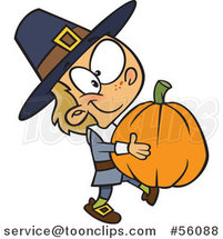 Cartoon White Pilgrim Boy Carrying a Big Pumpkin by Toonaday